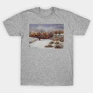 painting of snow snow covered trees and cottages winter snow scene T-Shirt